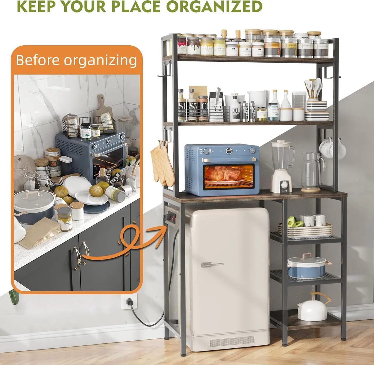 Alt view image 3 of 7 - Bakers Rack with Storage Cabinet Coffee Bar Cabinet Bakers Rack with Power Outlet Microwave Stand with Storage for Kitchen, Space Saving, Easy Assembly,OAK