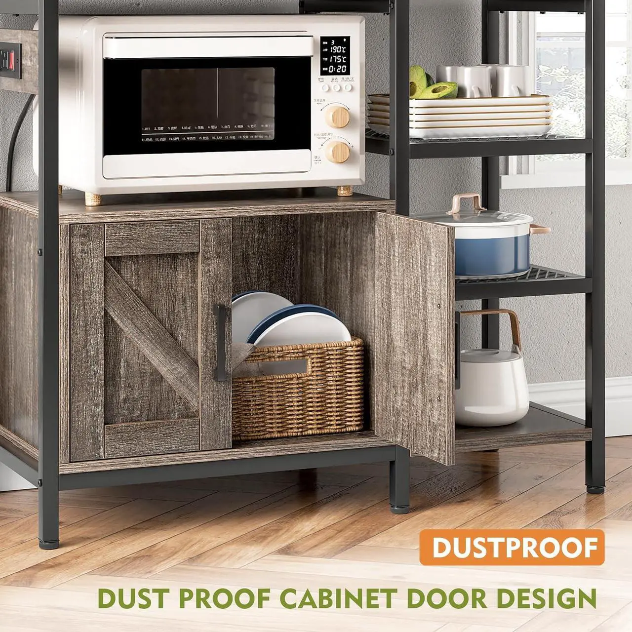 Alt view image 2 of 7 - Bakers Rack with Storage Cabinet Coffee Bar Cabinet Bakers Rack with Power Outlet Microwave Stand with Storage for Kitchen, Space Saving, Easy Assembly,OAK