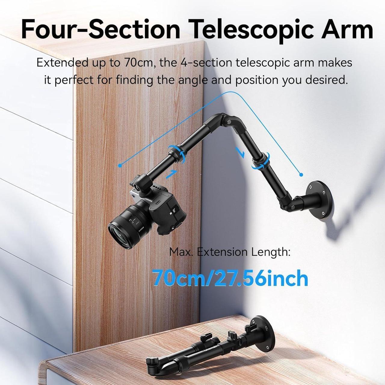 Alt view image 4 of 7 - ZJ04 Magic Arm Camera Wall Mount Overhead Mount, 70cm/27.6inch Aluminum Adjustable Articulating Arm w 1/4" Ball Head for Cameras DSLR Lights Mount for Live Streaming/Photo Video Shooting