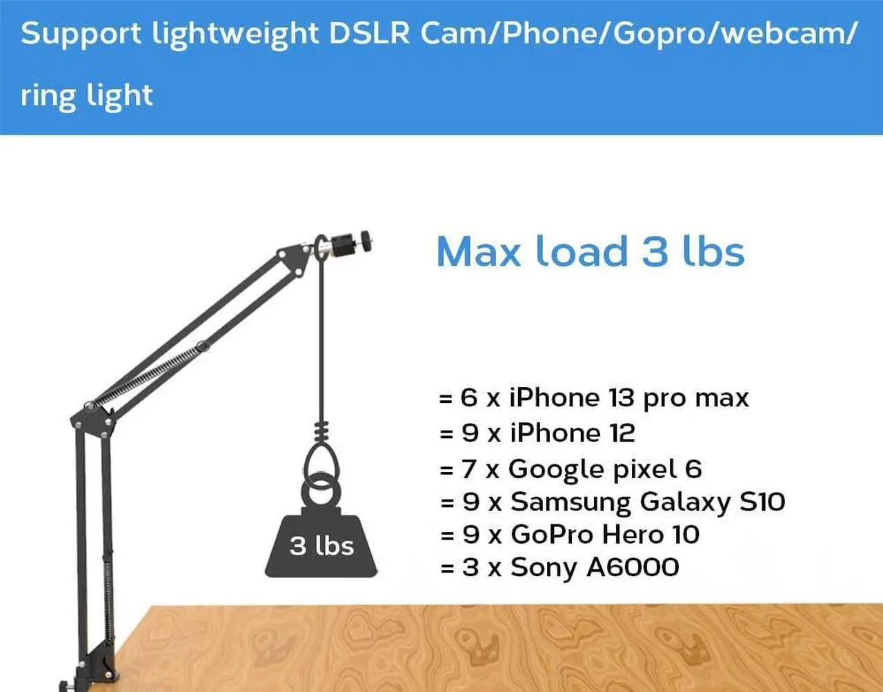 Alt view image 4 of 6 - Overhead Tripod Mount for Camera Webcam Ring Light, Flexible Over Head Arm for iPhone with Phone Holder and Ball Head, Table Stand Accessory for Phone Video Recording Live Stream