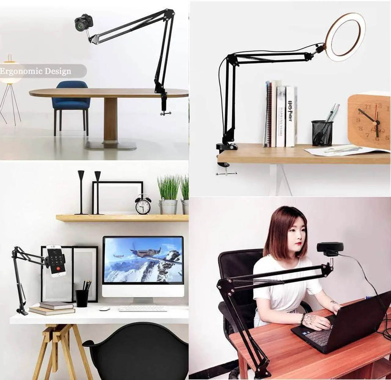 Alt view image 5 of 6 - Overhead Tripod Mount for Camera Webcam Ring Light, Flexible Over Head Arm for iPhone with Phone Holder and Ball Head, Table Stand Accessory for Phone Video Recording Live Stream
