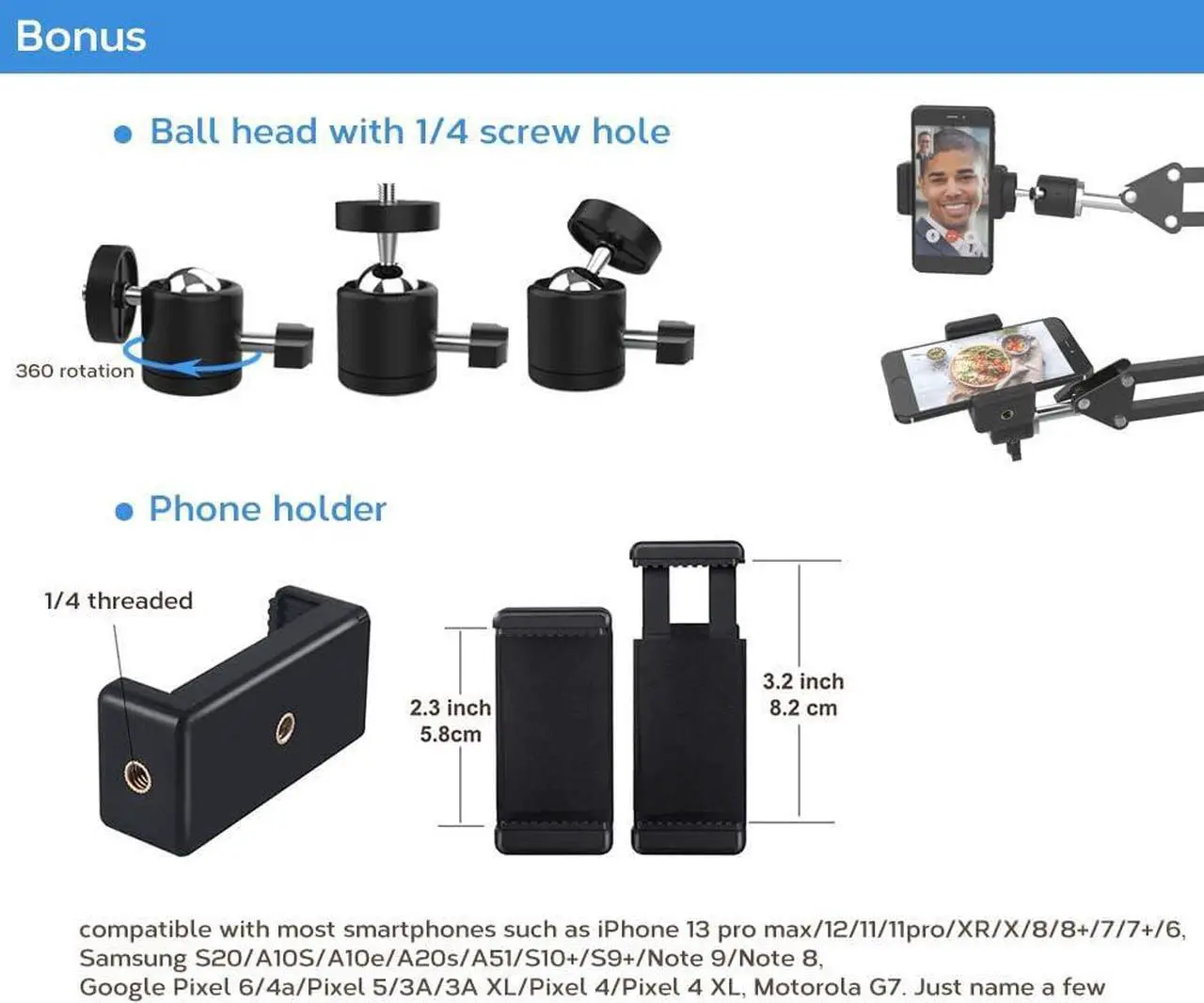 Alt view image 3 of 6 - Overhead Tripod Mount for Camera Webcam Ring Light, Flexible Over Head Arm for iPhone with Phone Holder and Ball Head, Table Stand Accessory for Phone Video Recording Live Stream