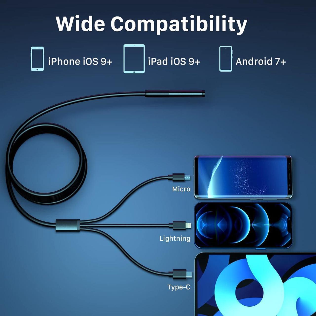 Alt view image 5 of 6 - Wireless Endoscope, Wi-Fi Industrial Borescope with 6 LED Lights, 7.9mm 3 in 1 USB Snake Camera, Waterproof IP67 Inspection Camera for OTG Android, iPhone (10ft, Type-C, Micro, Lightning)
