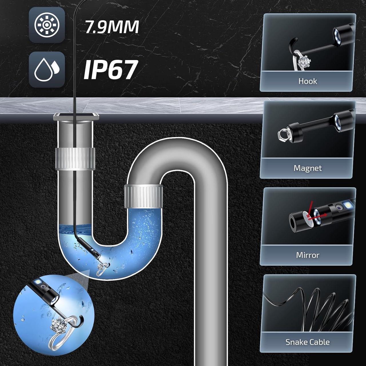 Alt view image 6 of 7 - Endoscope Camera with Light, 1920P Borescope Camera with 8+1 Adjustable LED Lights, Semi-Rigid Cable 16.5FT, IP67 Waterproof for iPhone, iPad, Samsung,Cool Gadgets for Men