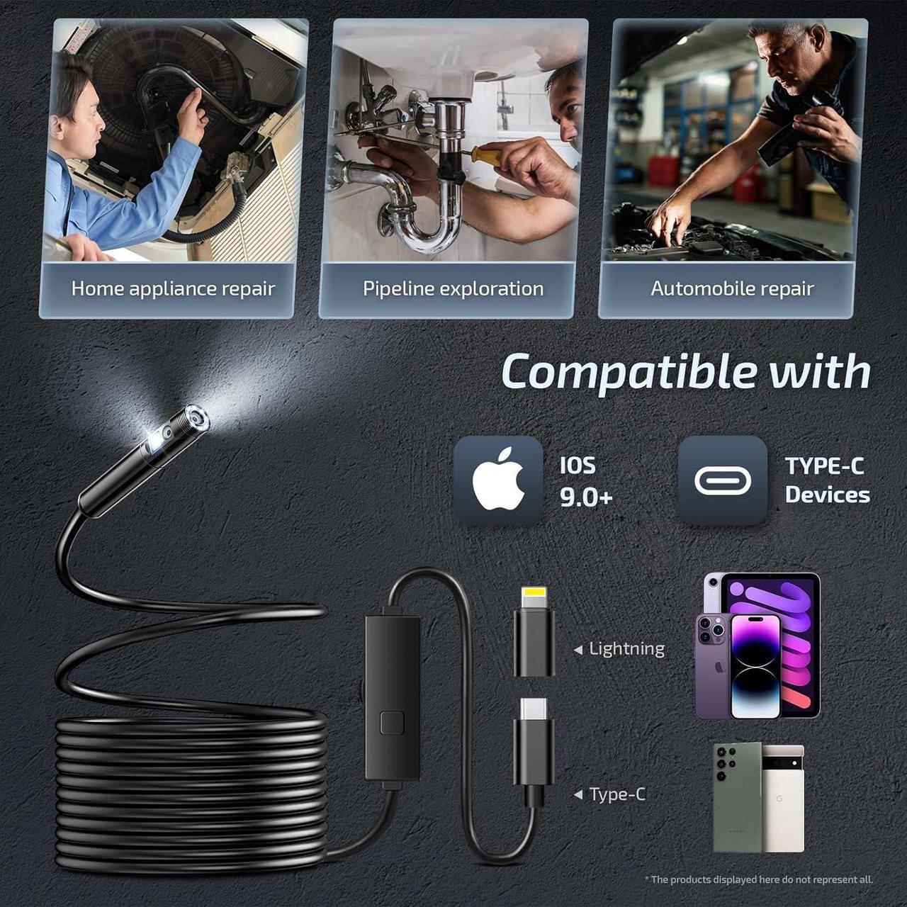 Alt view image 3 of 7 - Endoscope Camera with Light, 1920P Borescope Camera with 8+1 Adjustable LED Lights, Semi-Rigid Cable 16.5FT, IP67 Waterproof for iPhone, iPad, Samsung,Cool Gadgets for Men