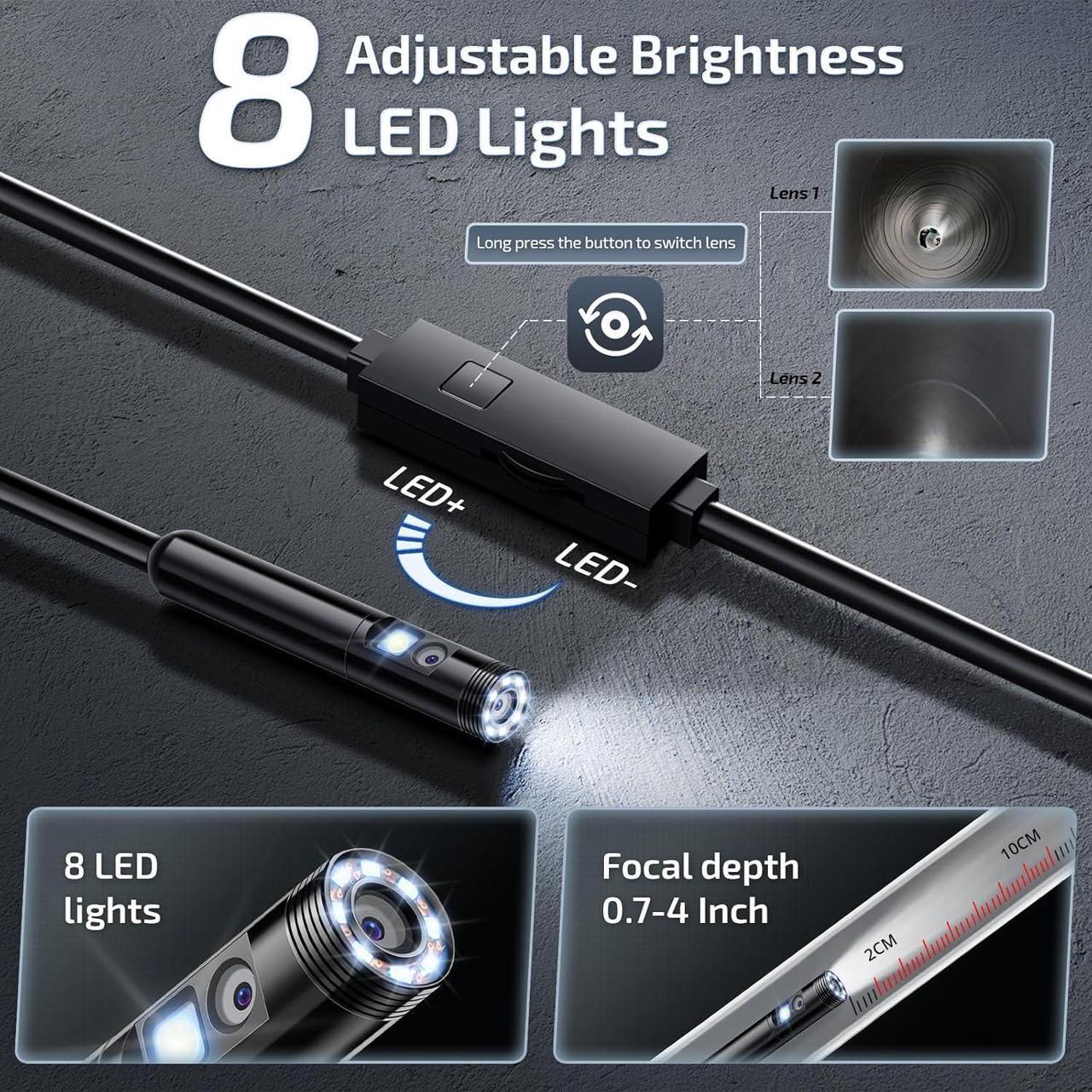 Alt view image 4 of 7 - Endoscope Camera with Light, 1920P Borescope Camera with 8+1 Adjustable LED Lights, Semi-Rigid Cable 16.5FT, IP67 Waterproof for iPhone, iPad, Samsung,Cool Gadgets for Men