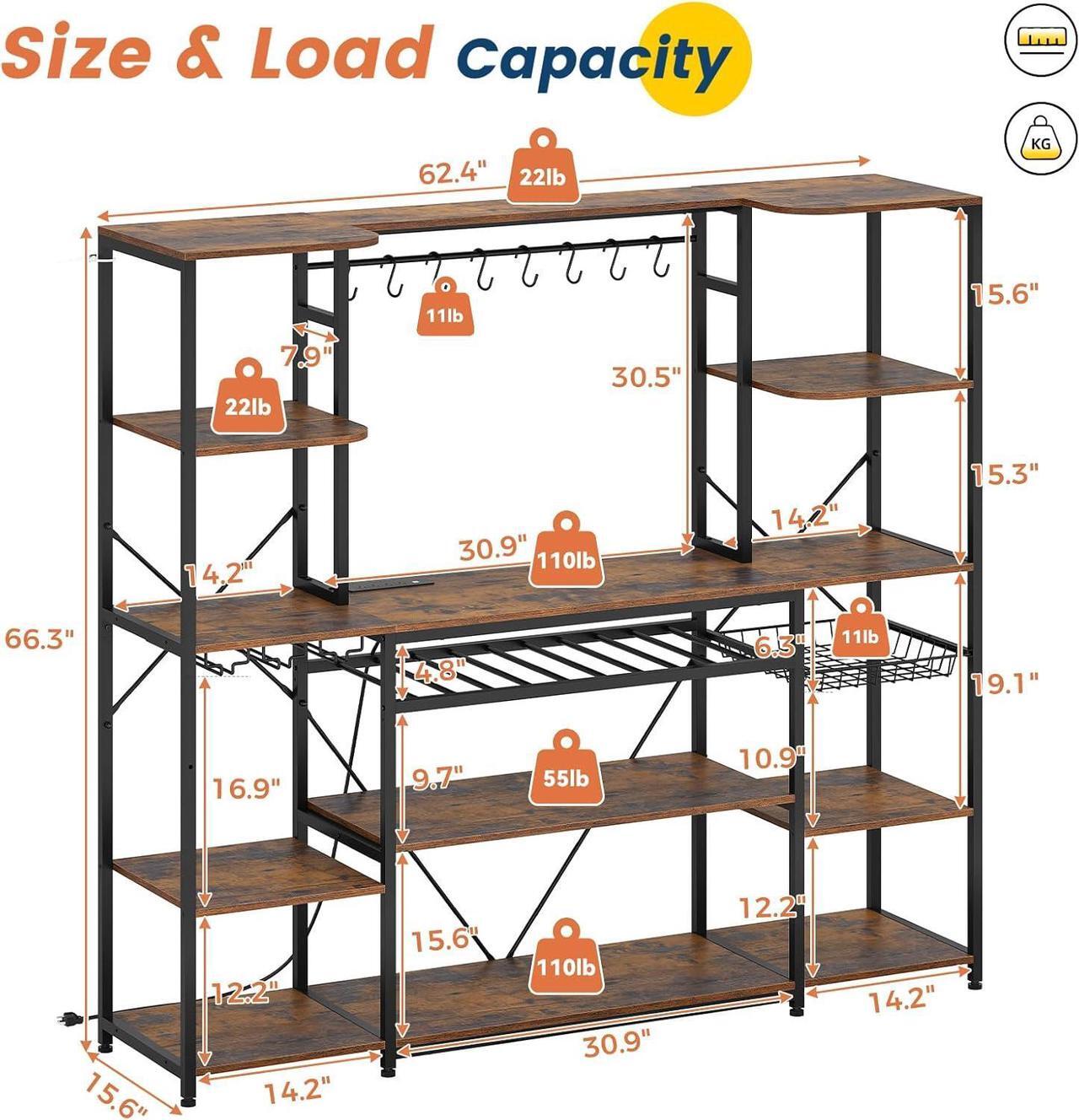 Alt view image 2 of 7 - Large Bakers Rack with Power Outlet, 62.4in Wide Kitchen Microwave Stand with Storage Shelves, 5-Tier Coffee Bar, Wine Rack, Goblet Holder, 8 Hooks, Wire Basket(Rustic Brown, Large)