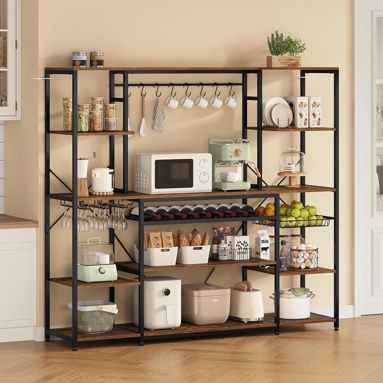 Main image of Large Bakers Rack with Power Outlet, 62.4in Wide Kitchen Microwave Stand with Storage Shelves, 5-Tier Coffee Bar, Wine Rack, Goblet Holder, 8 Hooks, Wire Basket(Rustic Brown, Large)