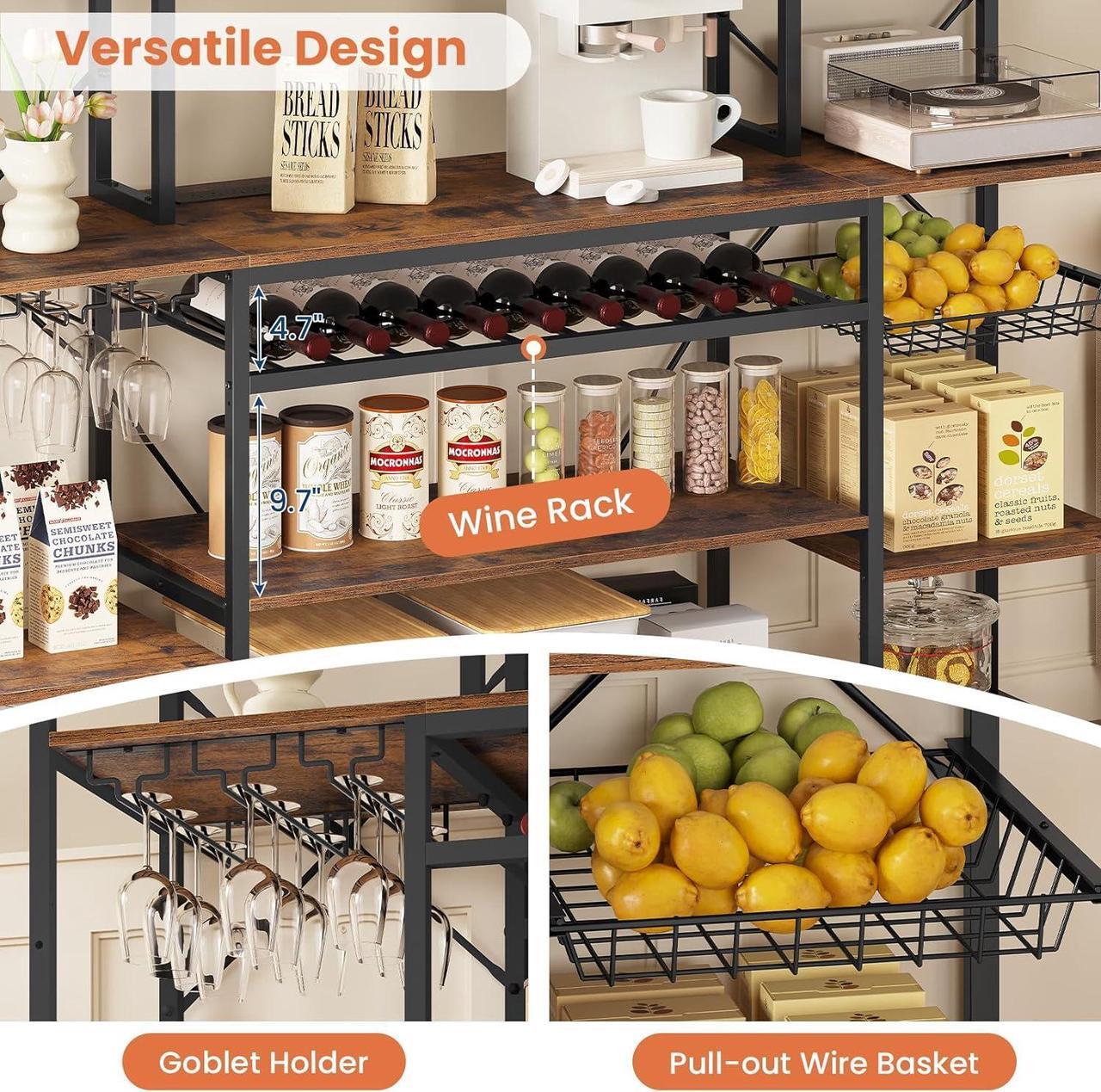 Alt view image 4 of 7 - Large Bakers Rack with Power Outlet, 62.4in Wide Kitchen Microwave Stand with Storage Shelves, 5-Tier Coffee Bar, Wine Rack, Goblet Holder, 8 Hooks, Wire Basket(Rustic Brown, Large)