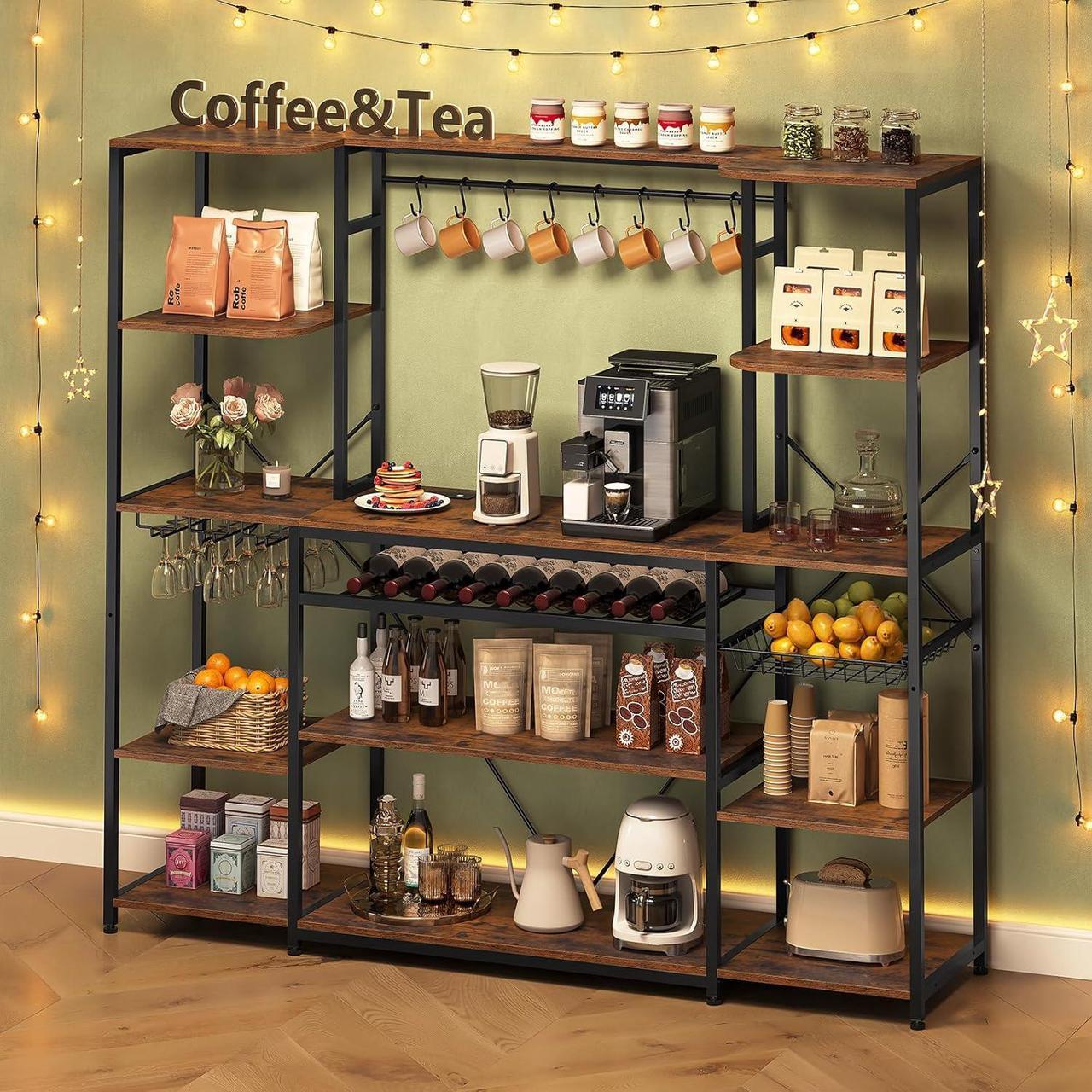 Alt view image 5 of 7 - Large Bakers Rack with Power Outlet, 62.4in Wide Kitchen Microwave Stand with Storage Shelves, 5-Tier Coffee Bar, Wine Rack, Goblet Holder, 8 Hooks, Wire Basket(Rustic Brown, Large)