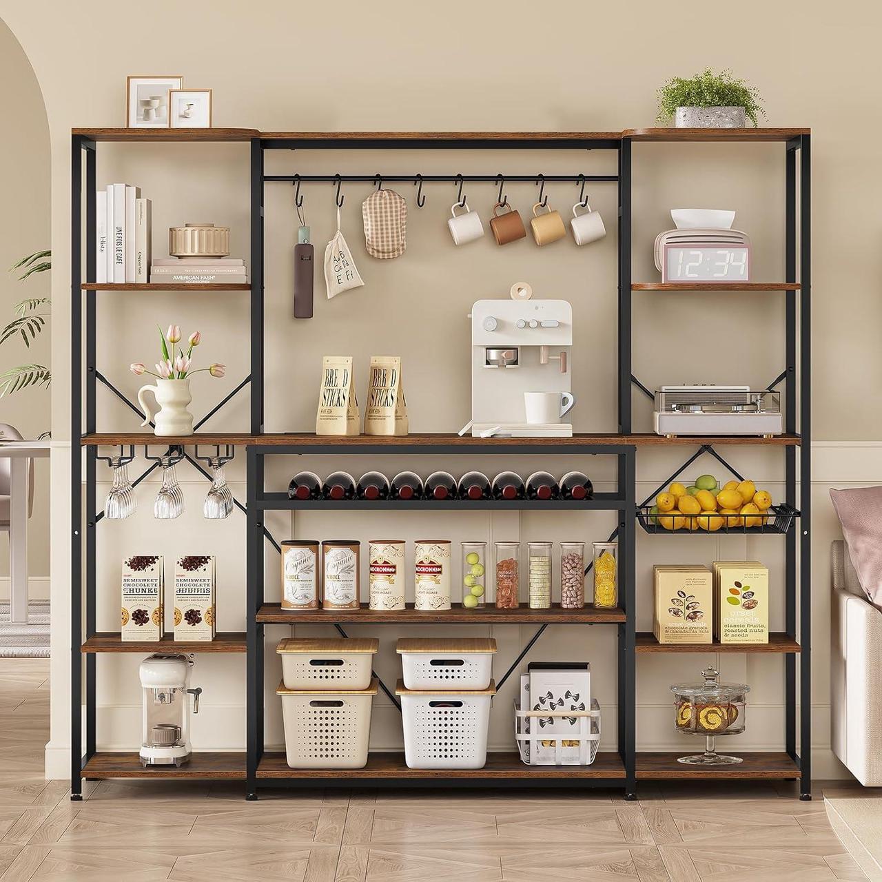 Alt view image 6 of 7 - Large Bakers Rack with Power Outlet, 62.4in Wide Kitchen Microwave Stand with Storage Shelves, 5-Tier Coffee Bar, Wine Rack, Goblet Holder, 8 Hooks, Wire Basket(Rustic Brown, Large)