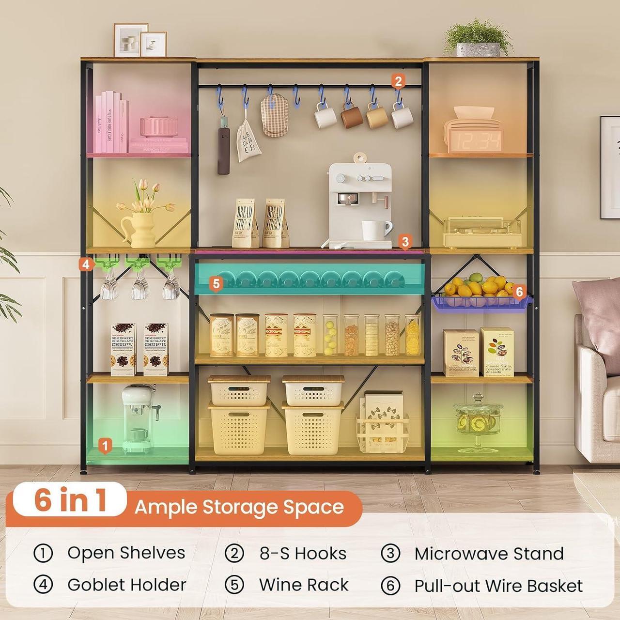 Alt view image 7 of 7 - Large Bakers Rack with Power Outlet, 62.4in Wide Kitchen Microwave Stand with Storage Shelves, 5-Tier Coffee Bar, Wine Rack, Goblet Holder, 8 Hooks, Wire Basket(Rustic Brown, Large)