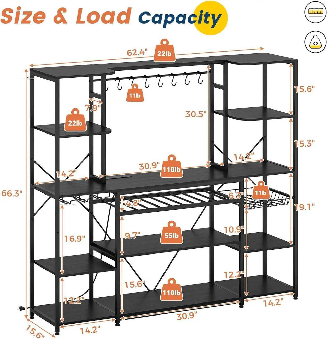Alt view image 2 of 7 - Large Bakers Rack with Power Outlet, 62.4in Wide Kitchen Microwave Stand with Storage Shelves, 5-Tier Coffee Bar, Wine Rack, Goblet Holder, 8 Hooks, Wire Basket( Black, Large)