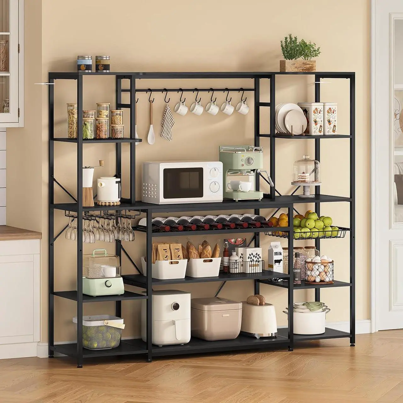 Main image of Large Bakers Rack with Power Outlet, 62.4in Wide Kitchen Microwave Stand with Storage Shelves, 5-Tier Coffee Bar, Wine Rack, Goblet Holder, 8 Hooks, Wire Basket( Black, Large)
