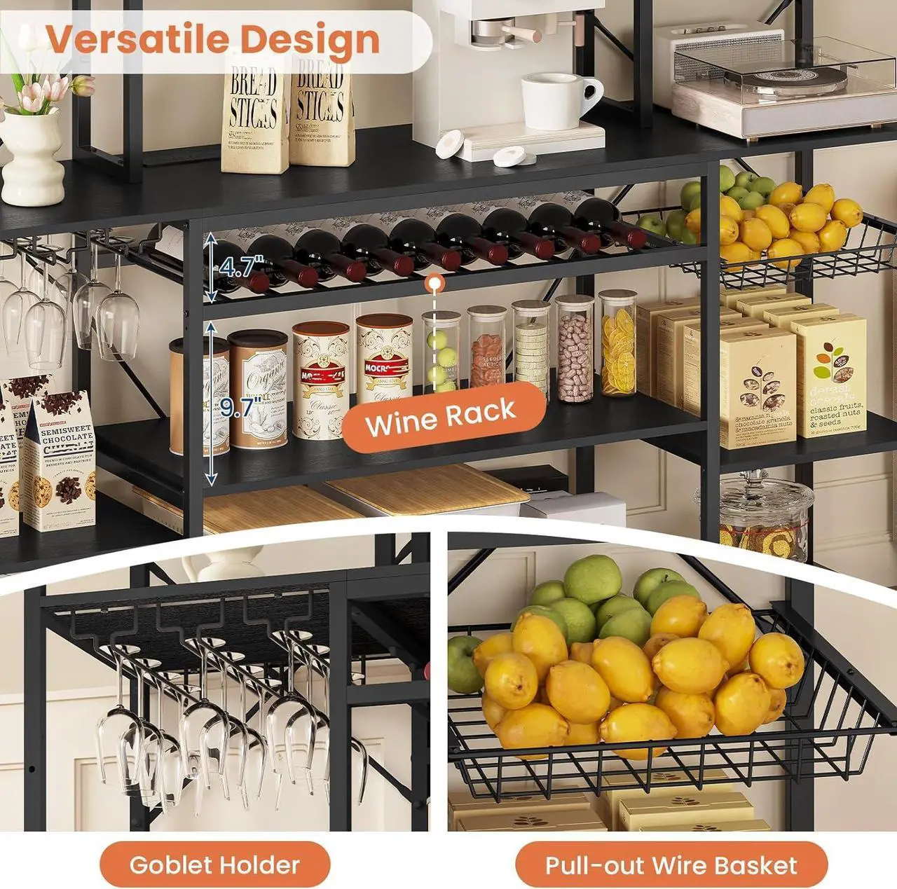 Alt view image 5 of 7 - Large Bakers Rack with Power Outlet, 62.4in Wide Kitchen Microwave Stand with Storage Shelves, 5-Tier Coffee Bar, Wine Rack, Goblet Holder, 8 Hooks, Wire Basket( Black, Large)