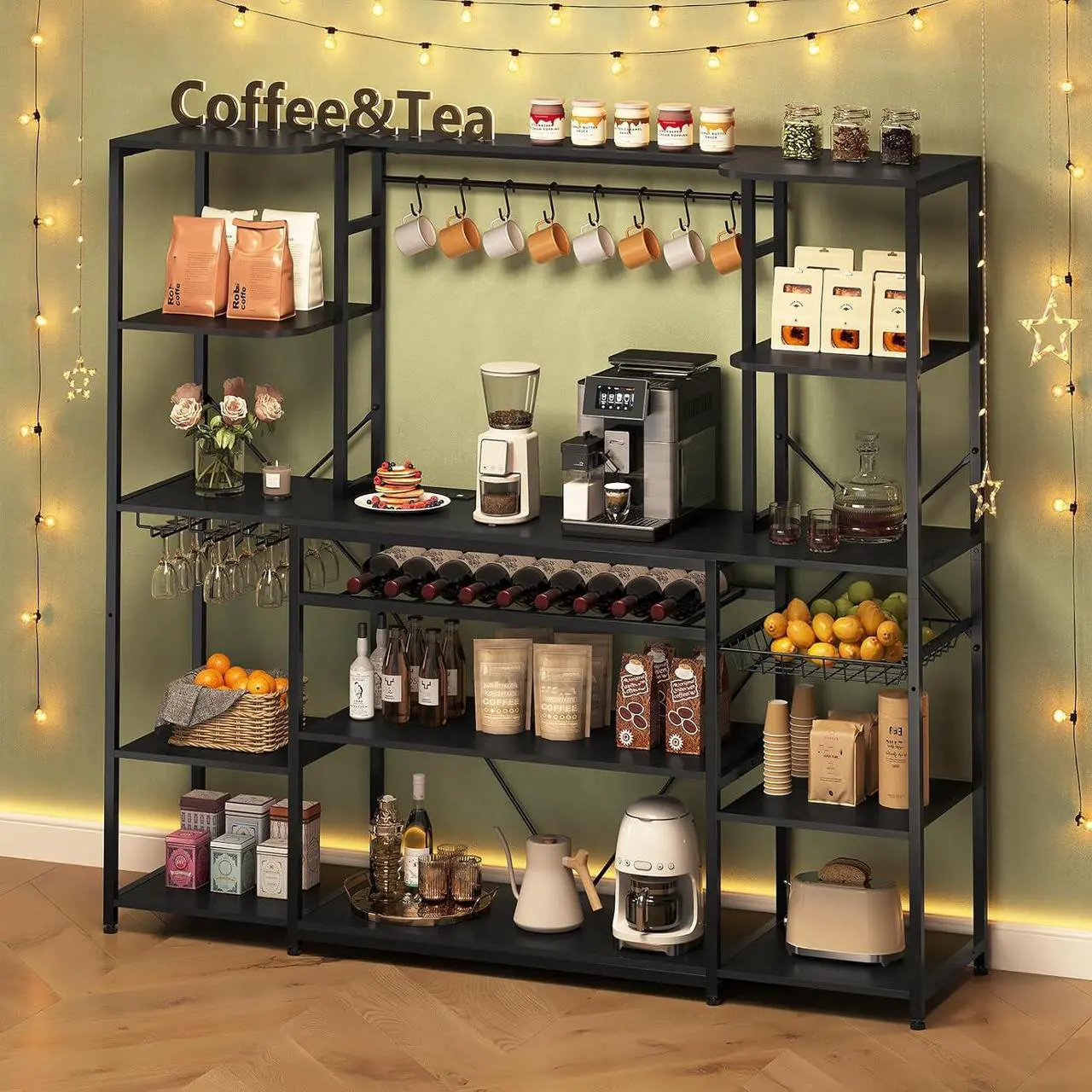 Alt view image 6 of 7 - Large Bakers Rack with Power Outlet, 62.4in Wide Kitchen Microwave Stand with Storage Shelves, 5-Tier Coffee Bar, Wine Rack, Goblet Holder, 8 Hooks, Wire Basket( Black, Large)