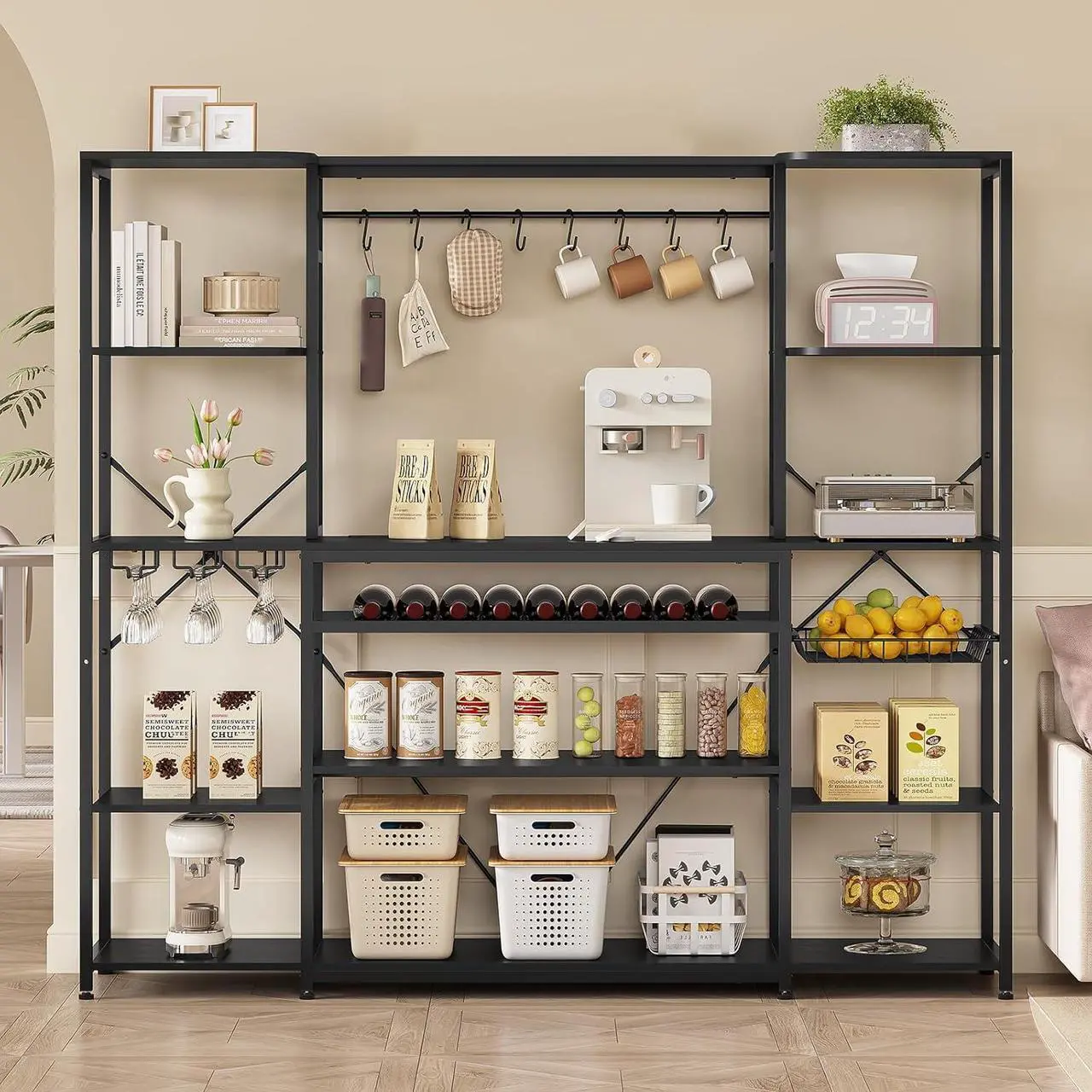 Alt view image 7 of 7 - Large Bakers Rack with Power Outlet, 62.4in Wide Kitchen Microwave Stand with Storage Shelves, 5-Tier Coffee Bar, Wine Rack, Goblet Holder, 8 Hooks, Wire Basket( Black, Large)