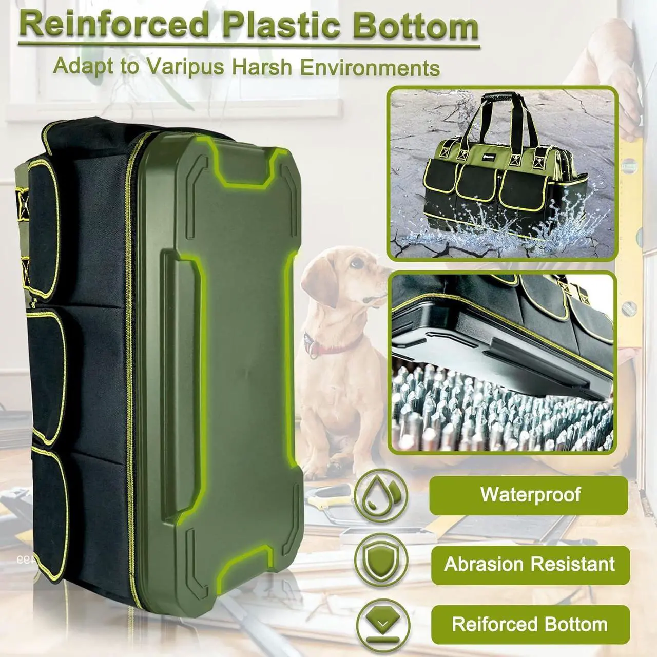 Alt view image 4 of 7 - 20inch Tool Bag for Men Women Heavy Duty with Waterproof Molded Base Large Tool Bag, Wide Mouth Tool Tote, Artisan Carpenter Electricians Tool Bags,Adjustable Shoulder Strap Organizer