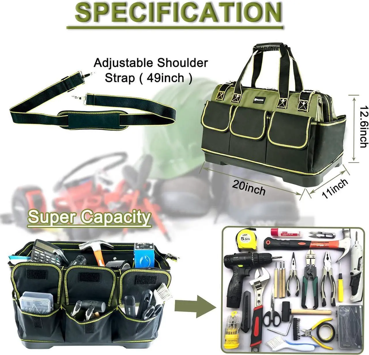 Alt view image 2 of 7 - 20inch Tool Bag for Men Women Heavy Duty with Waterproof Molded Base Large Tool Bag, Wide Mouth Tool Tote, Artisan Carpenter Electricians Tool Bags,Adjustable Shoulder Strap Organizer