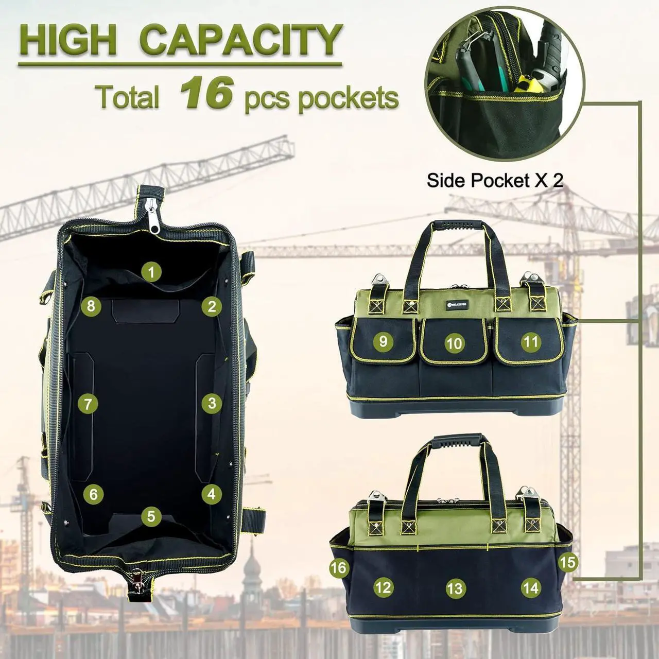 Alt view image 3 of 7 - 20inch Tool Bag for Men Women Heavy Duty with Waterproof Molded Base Large Tool Bag, Wide Mouth Tool Tote, Artisan Carpenter Electricians Tool Bags,Adjustable Shoulder Strap Organizer