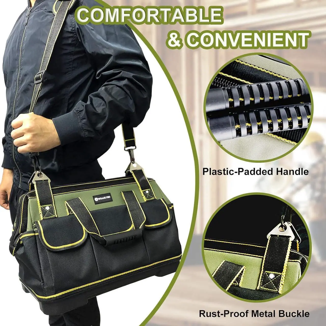 Alt view image 5 of 7 - 20inch Tool Bag for Men Women Heavy Duty with Waterproof Molded Base Large Tool Bag, Wide Mouth Tool Tote, Artisan Carpenter Electricians Tool Bags,Adjustable Shoulder Strap Organizer