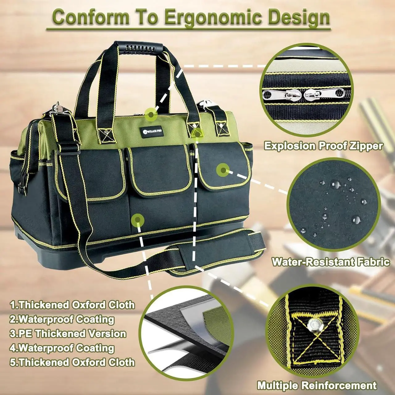 Alt view image 6 of 7 - 20inch Tool Bag for Men Women Heavy Duty with Waterproof Molded Base Large Tool Bag, Wide Mouth Tool Tote, Artisan Carpenter Electricians Tool Bags,Adjustable Shoulder Strap Organizer