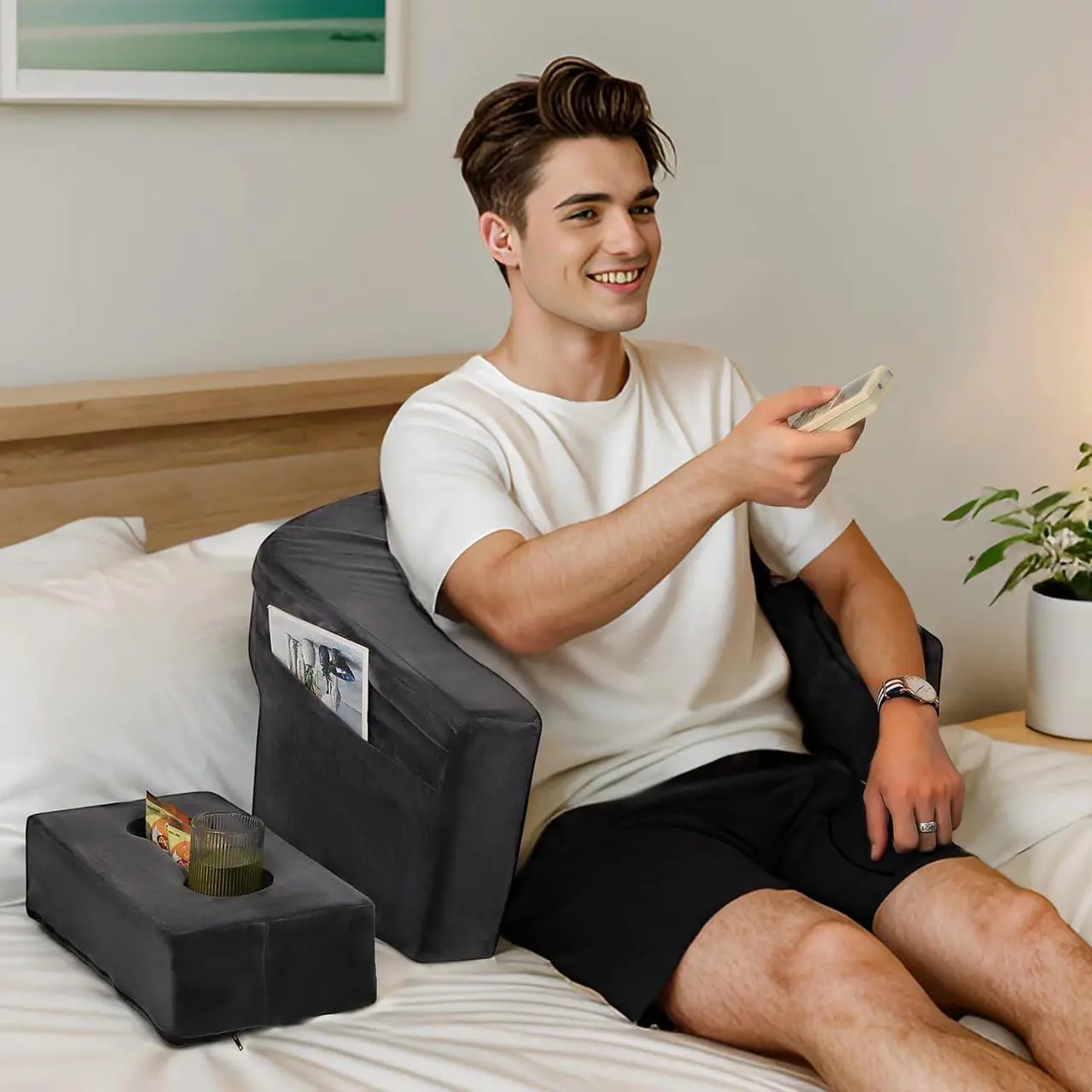 Alt view image 4 of 7 - Reading Pillow & Gaming Pillow for Lap, Lap Desk Pillow for Gaming with Coaster, Soft Arm Rest Pillow for Adult, Memory Foam Bed Rest Pillows for Reading, Working, Sitting in Bed Floor Sofa, Grey