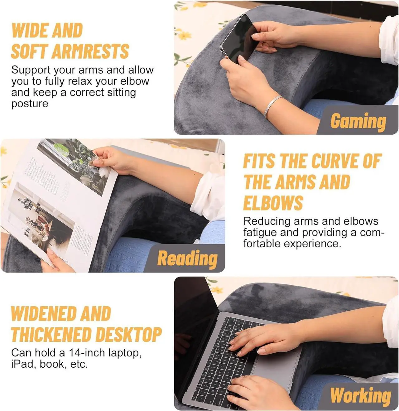 Alt view image 6 of 7 - Reading Pillow & Gaming Pillow for Lap, Lap Desk Pillow for Gaming with Coaster, Soft Arm Rest Pillow for Adult, Memory Foam Bed Rest Pillows for Reading, Working, Sitting in Bed Floor Sofa, Grey