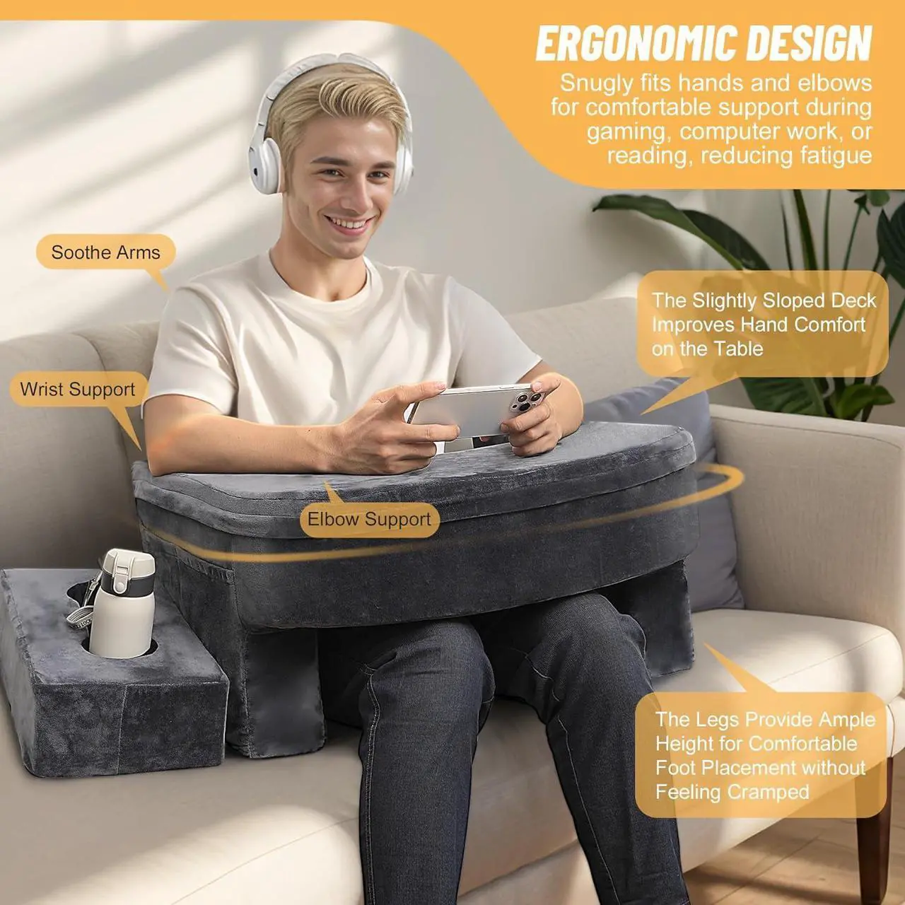 Alt view image 3 of 7 - Reading Pillow & Gaming Pillow for Lap, Lap Desk Pillow for Gaming with Coaster, Soft Arm Rest Pillow for Adult, Memory Foam Bed Rest Pillows for Reading, Working, Sitting in Bed Floor Sofa, Grey