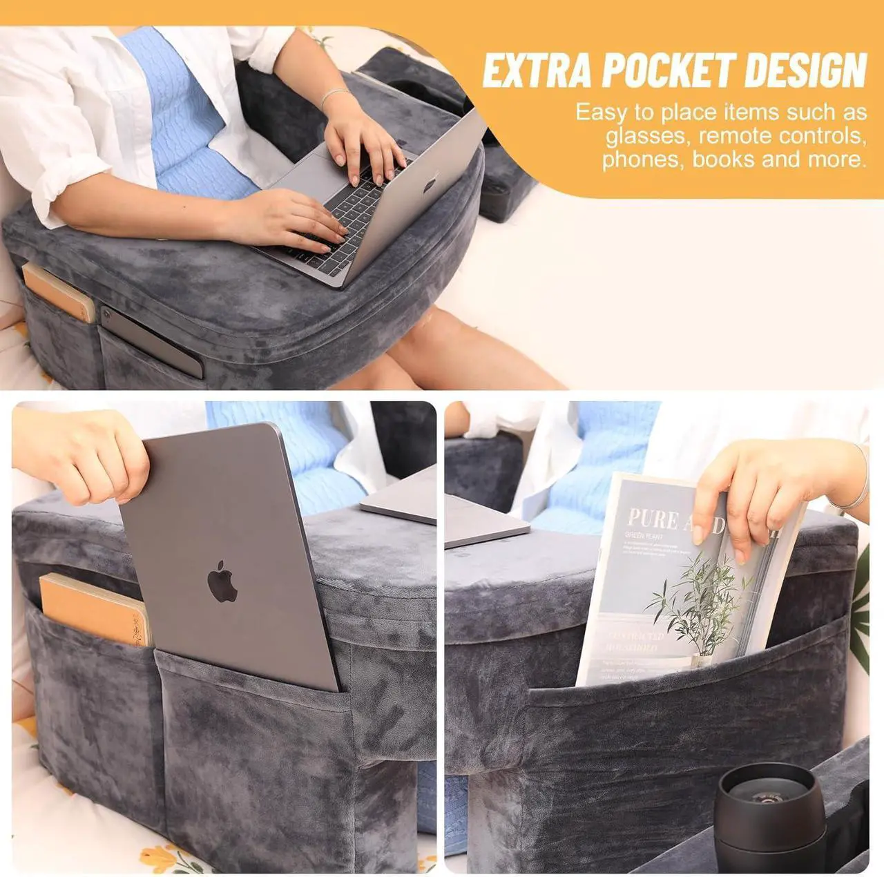 Alt view image 5 of 7 - Reading Pillow & Gaming Pillow for Lap, Lap Desk Pillow for Gaming with Coaster, Soft Arm Rest Pillow for Adult, Memory Foam Bed Rest Pillows for Reading, Working, Sitting in Bed Floor Sofa, Grey