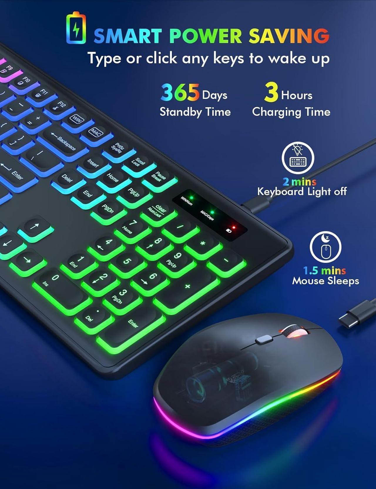 Alt view image 3 of 7 - Wireless Keyboard and Mouse Combo - RGB Backlit, Rechargeable & Light Up Letters, Full-Size, Ergonomic Tilt Angle, Sleep Mode, 2.4GHz Quiet Keyboard Mouse for Mac, Windows, Laptop, PC - BLACK