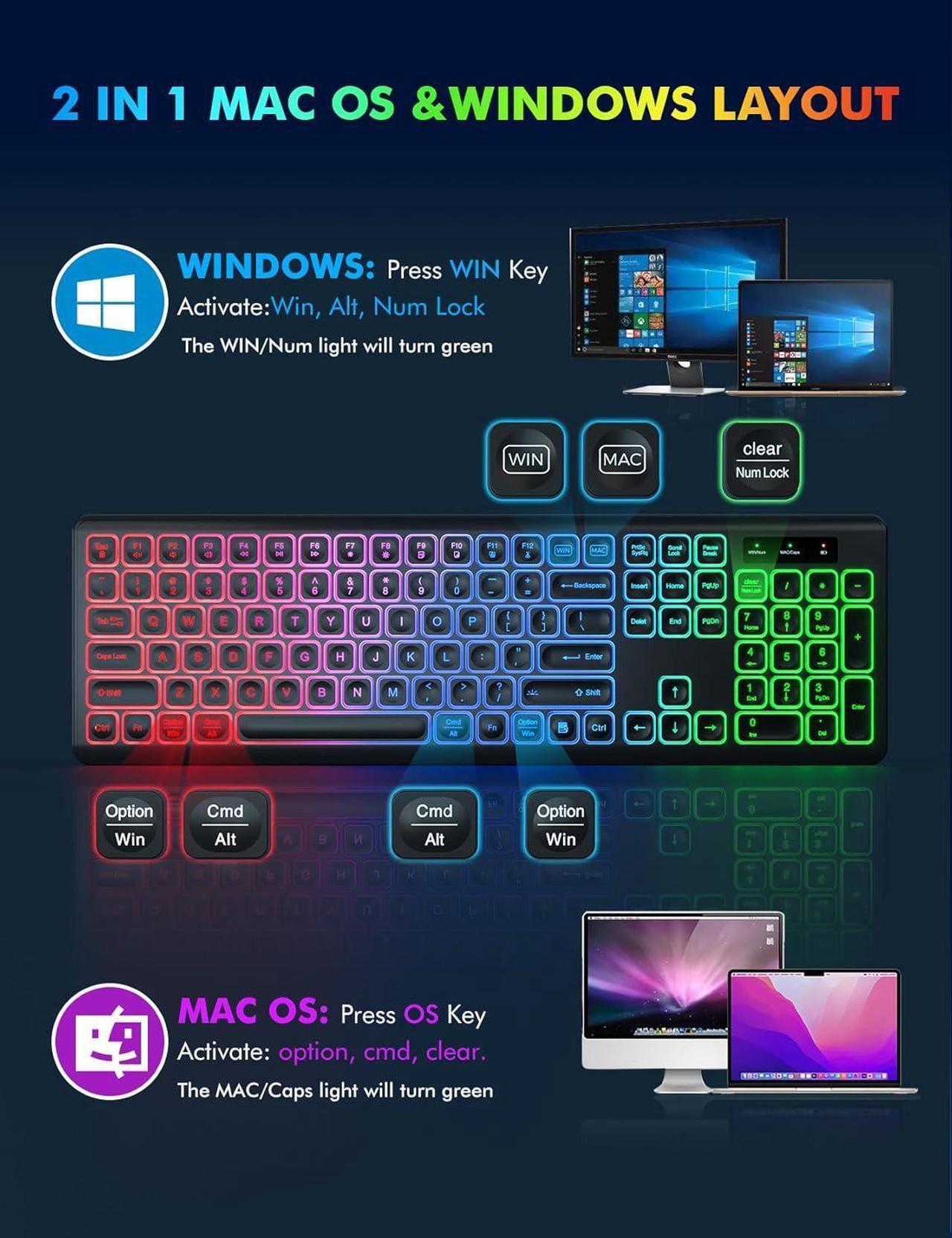 Alt view image 6 of 7 - Wireless Keyboard and Mouse Combo - RGB Backlit, Rechargeable & Light Up Letters, Full-Size, Ergonomic Tilt Angle, Sleep Mode, 2.4GHz Quiet Keyboard Mouse for Mac, Windows, Laptop, PC - BLACK