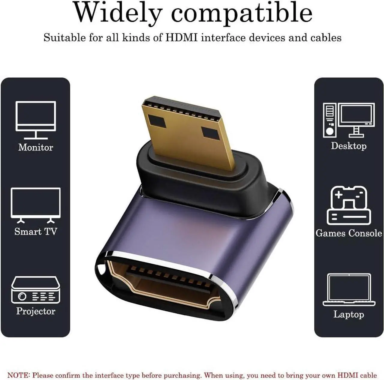 Alt view image 2 of 7 - 8K Mini HDMI to HDMI Adapter (2 Pack), 90 Degree Right Angle Mini HDMI Male to HDMI Female Bi-Directional Converter for Raspberry Pi Zero, DSLR Camera, Camcorder, HDTV, Portable Monitor