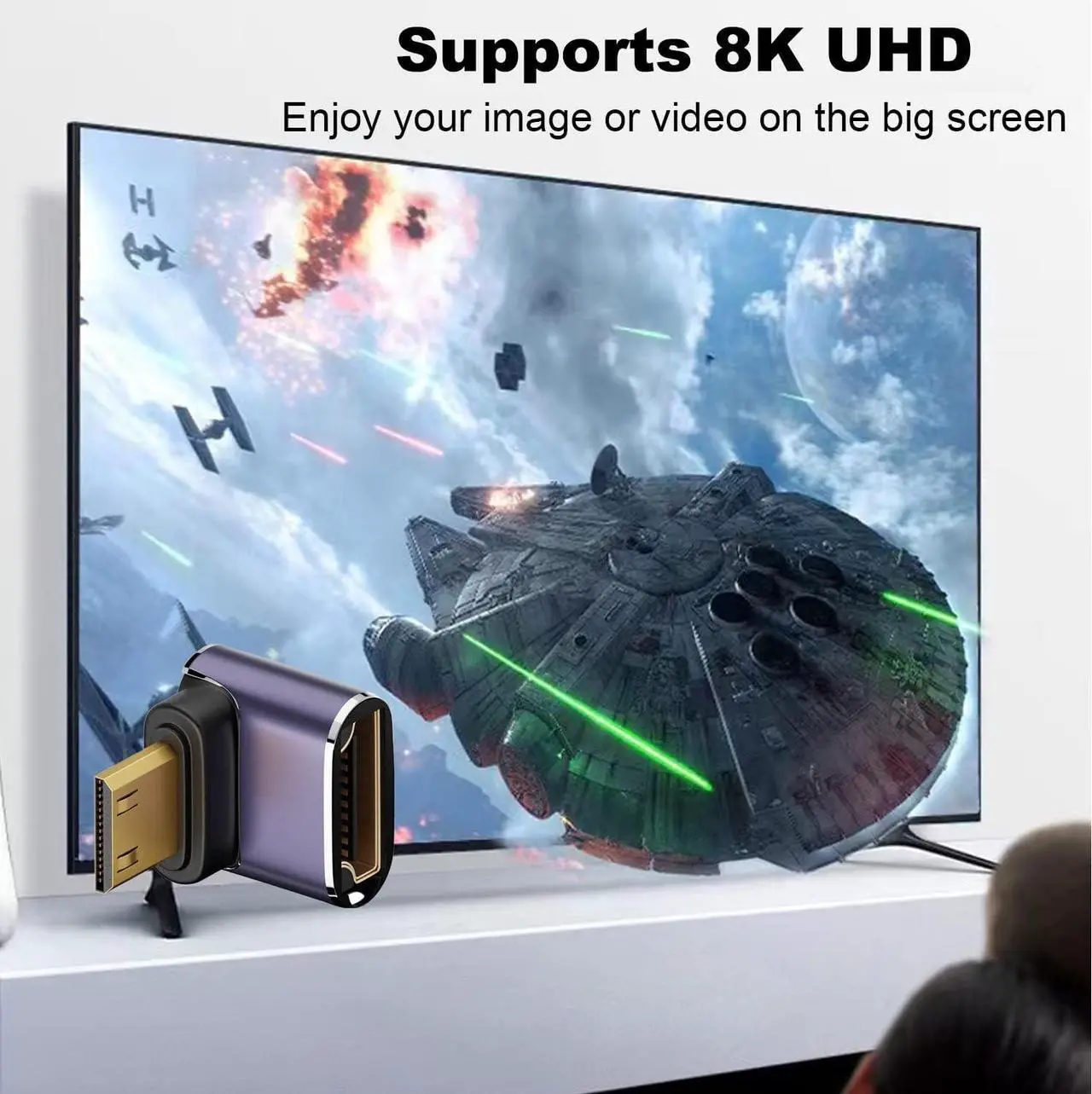 Alt view image 5 of 7 - 8K Mini HDMI to HDMI Adapter (2 Pack), 90 Degree Right Angle Mini HDMI Male to HDMI Female Bi-Directional Converter for Raspberry Pi Zero, DSLR Camera, Camcorder, HDTV, Portable Monitor