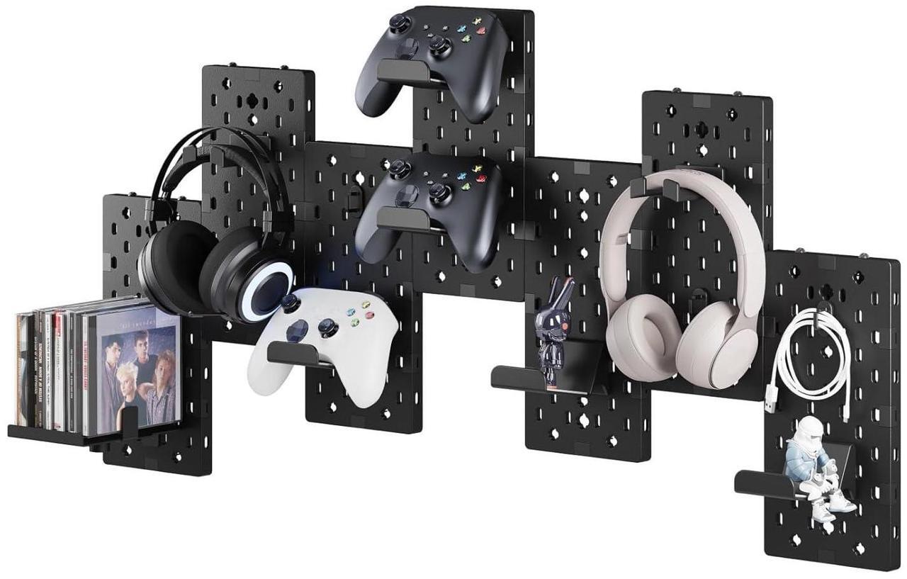 Main image of Controller and Headphone Holder Wall Mount, Modular Gaming Pegboard with Accessories, Controller Stand for Xbox PS5 PS4 Switch, Video Game Storage, Disc Shelf Organizer, 7pcs Pegboard, Black