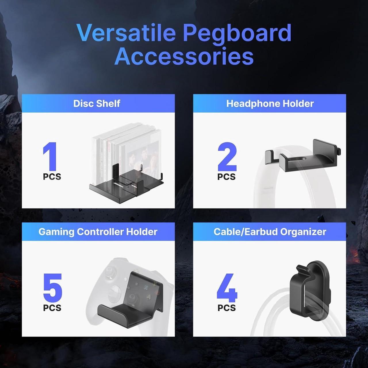 Alt view image 3 of 7 - Controller and Headphone Holder Wall Mount, Modular Gaming Pegboard with Accessories, Controller Stand for Xbox PS5 PS4 Switch, Video Game Storage, Disc Shelf Organizer, 7pcs Pegboard, Black