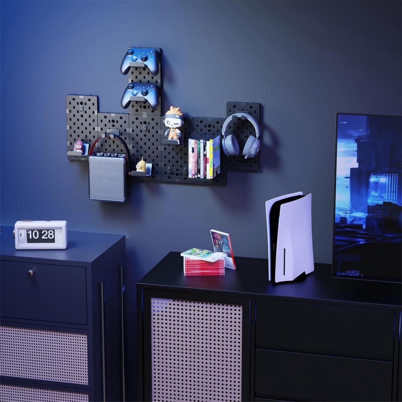 Alt view image 7 of 7 - Controller and Headphone Holder Wall Mount, Modular Gaming Pegboard with Accessories, Controller Stand for Xbox PS5 PS4 Switch, Video Game Storage, Disc Shelf Organizer, 7pcs Pegboard, Black