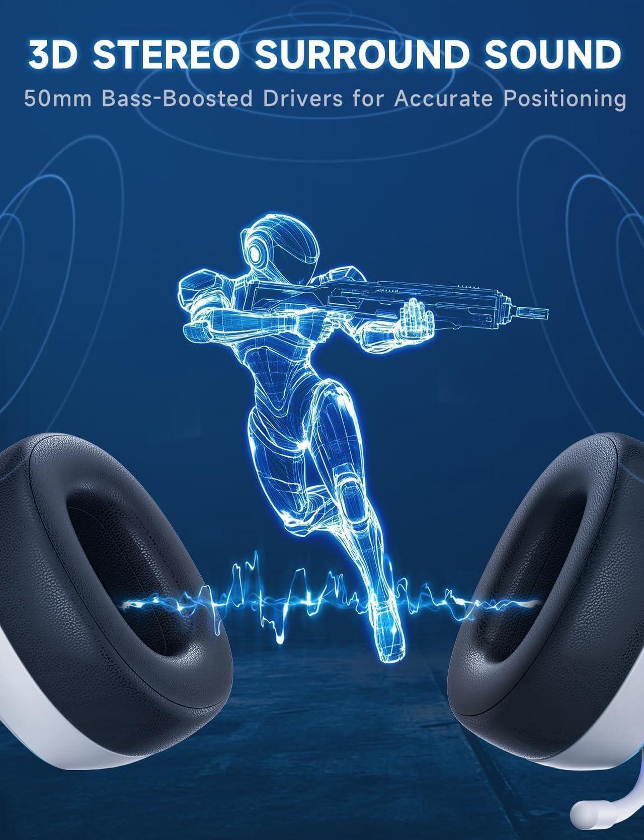 Alt view image 5 of 7 - 2.4GHz Wireless Gaming Headsets for PS5, PS4, PC, Switch - Bluetooth 5.3 Gaming Headphones with Noise Canceling Mic, 7.1 Surround Sound, 70H Battery, Gaming Lighting - White