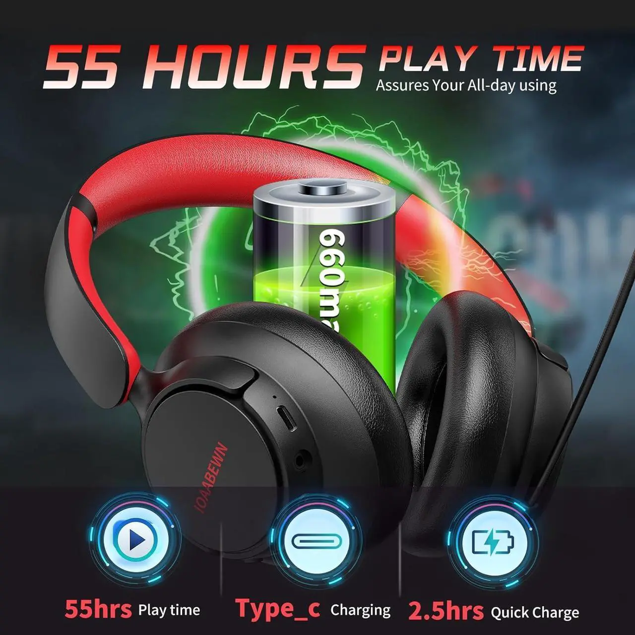 Alt view image 2 of 7 - Wireless Gaming Headsets for PS5, PS4, 55Hr Battery 2.4Ghz /Bluetooth 5.3 Gaming Headphones with Microphone, Gamer Headset Wireless for PS5, Switch, PC, Black&Red