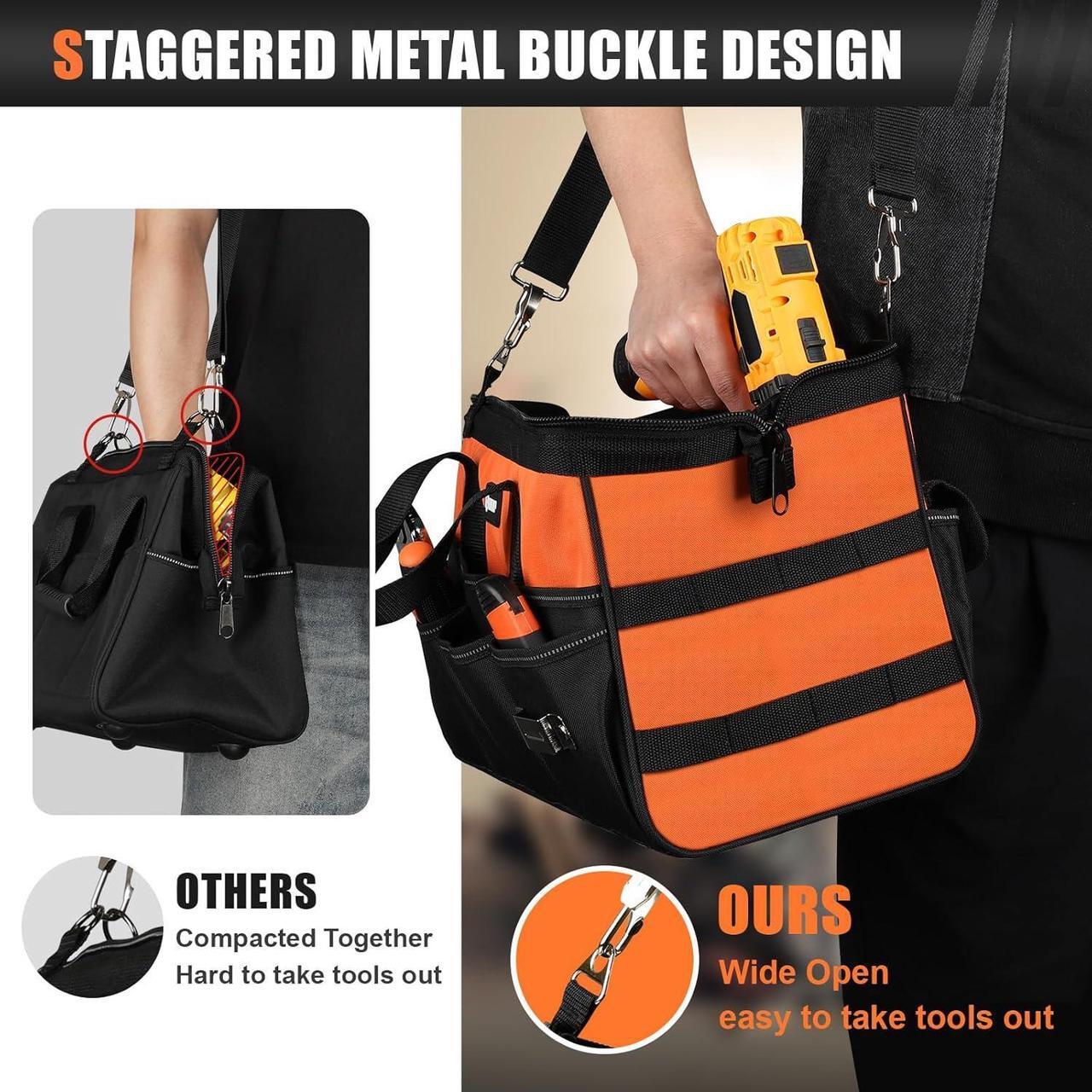 Alt view image 5 of 7 - Heavy Duty Tool Bag 15-Inch, 16-Pocket Portable Soft Tool Box Organizer Storage, Handle Tactical Carry Tote Empty Toolbox with Large Zipper, Father Day Dad Men Gift for Mechanic Engineer, Orange