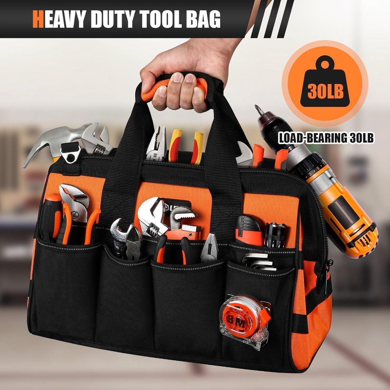 Alt view image 4 of 7 - Heavy Duty Tool Bag 15-Inch, 16-Pocket Portable Soft Tool Box Organizer Storage, Handle Tactical Carry Tote Empty Toolbox with Large Zipper, Father Day Dad Men Gift for Mechanic Engineer, Orange