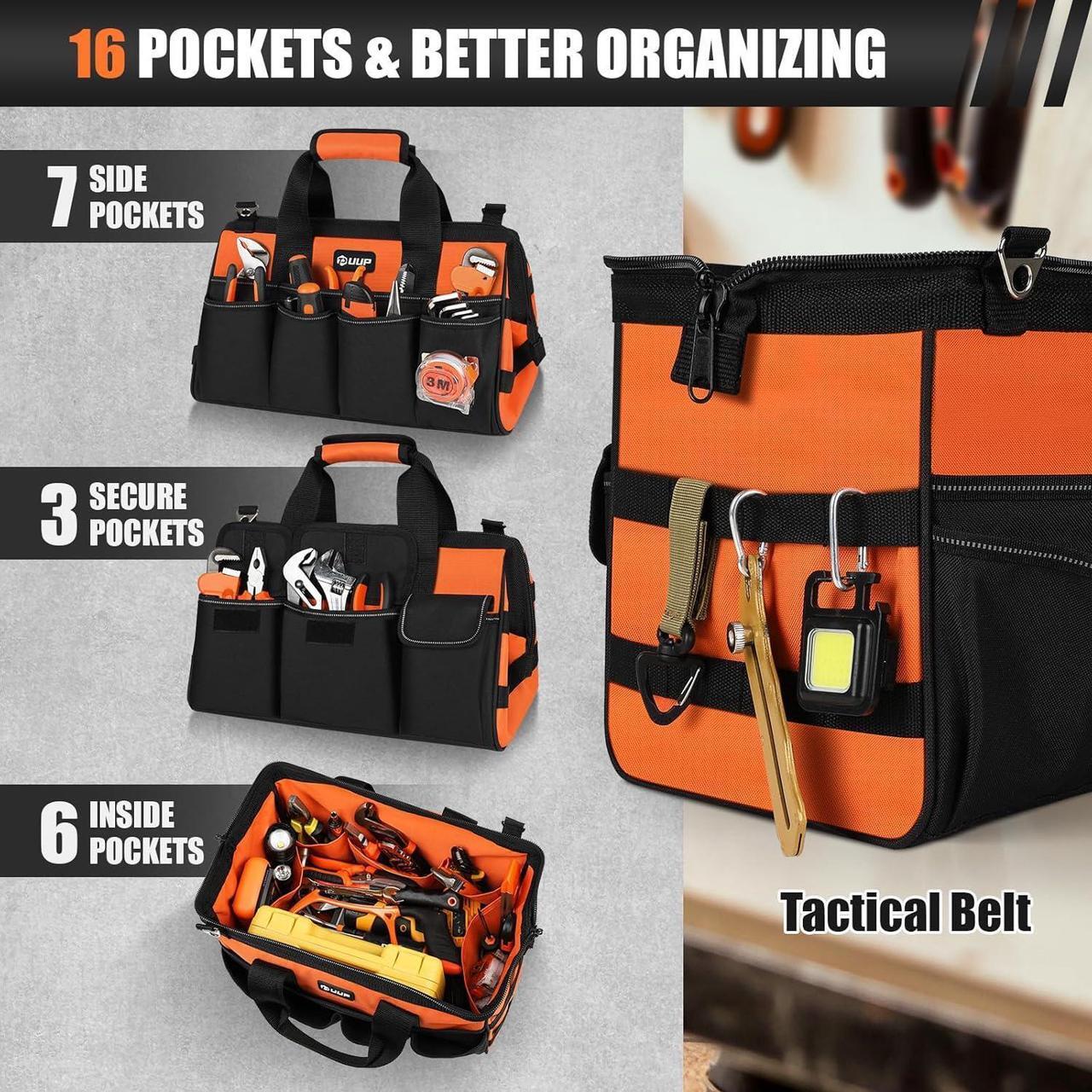 Alt view image 3 of 7 - Heavy Duty Tool Bag 15-Inch, 16-Pocket Portable Soft Tool Box Organizer Storage, Handle Tactical Carry Tote Empty Toolbox with Large Zipper, Father Day Dad Men Gift for Mechanic Engineer, Orange