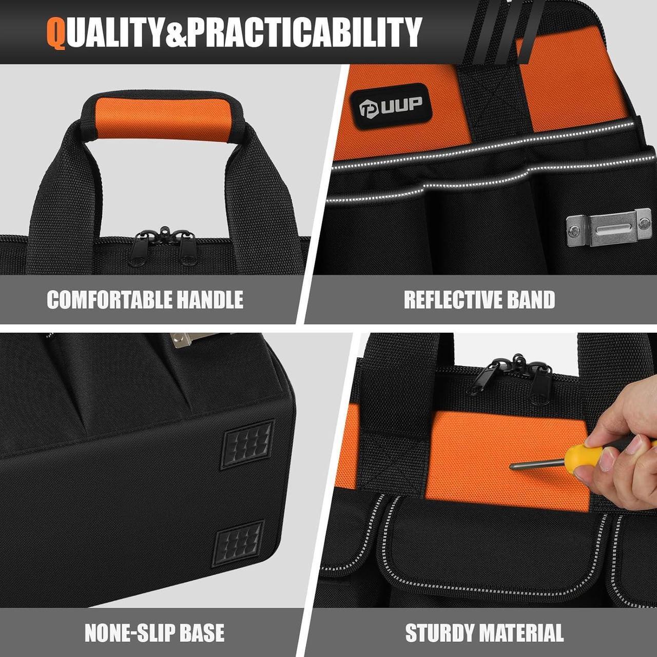Alt view image 6 of 7 - Heavy Duty Tool Bag 15-Inch, 16-Pocket Portable Soft Tool Box Organizer Storage, Handle Tactical Carry Tote Empty Toolbox with Large Zipper, Father Day Dad Men Gift for Mechanic Engineer, Orange
