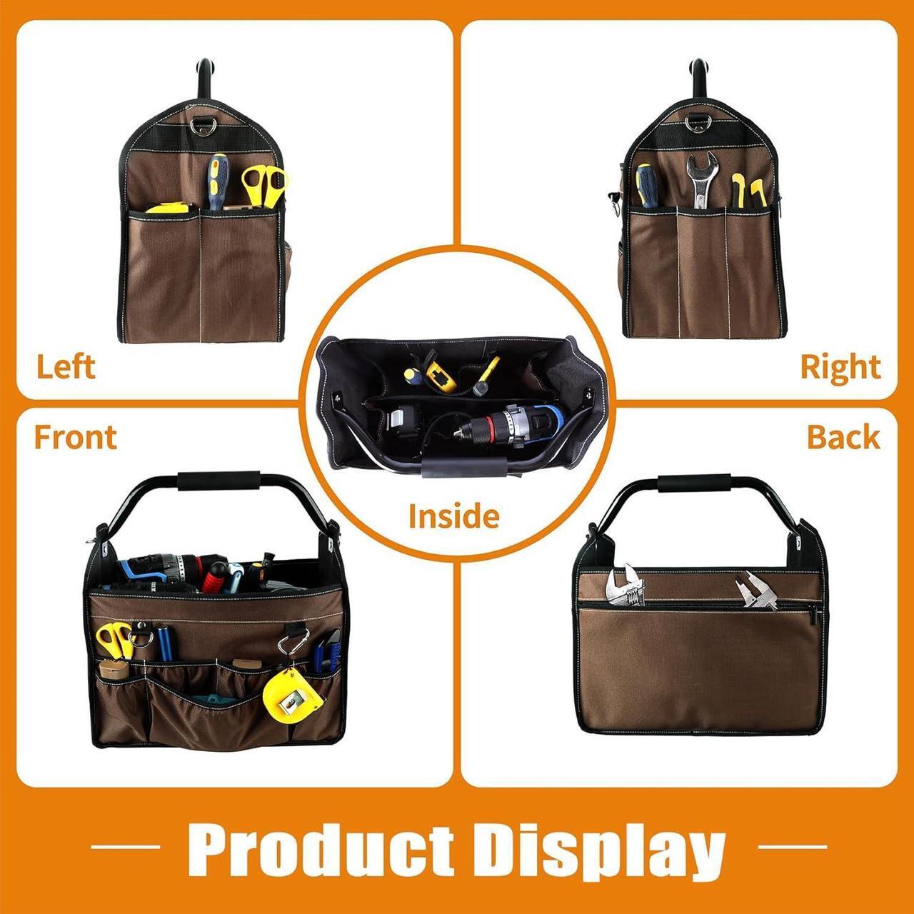 Alt view image 3 of 7 - 15-Inch Open Top Tool Bag, Electrician Tool Bag, Tool Tote Bag Organizer for Easy Tool Access, 33 Pockets Foldable Tool Carrier with Rotating Steel Handle and Removable Shoulder Strap