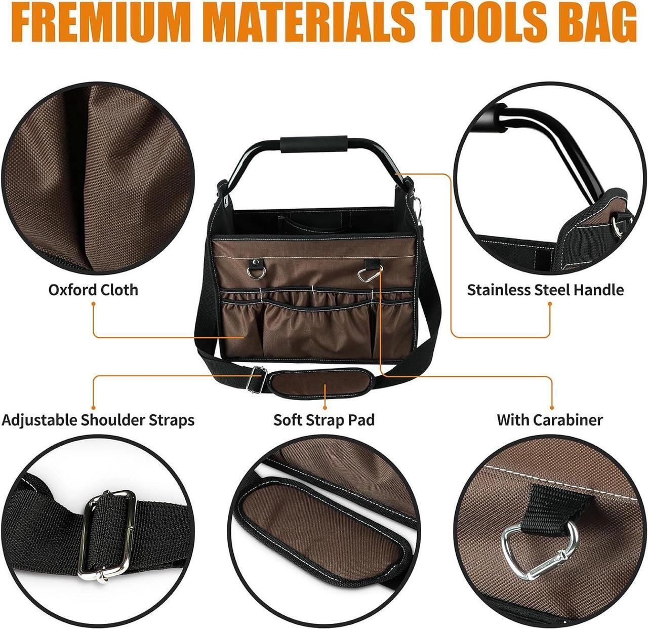Alt view image 5 of 7 - 15-Inch Open Top Tool Bag, Electrician Tool Bag, Tool Tote Bag Organizer for Easy Tool Access, 33 Pockets Foldable Tool Carrier with Rotating Steel Handle and Removable Shoulder Strap