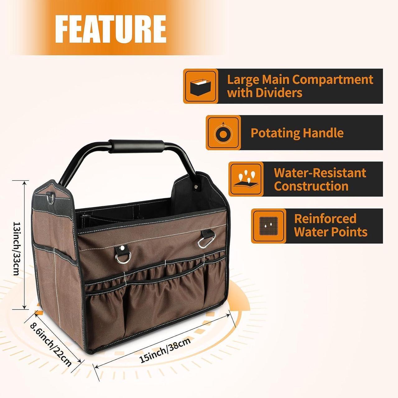 Alt view image 7 of 7 - 15-Inch Open Top Tool Bag, Electrician Tool Bag, Tool Tote Bag Organizer for Easy Tool Access, 33 Pockets Foldable Tool Carrier with Rotating Steel Handle and Removable Shoulder Strap