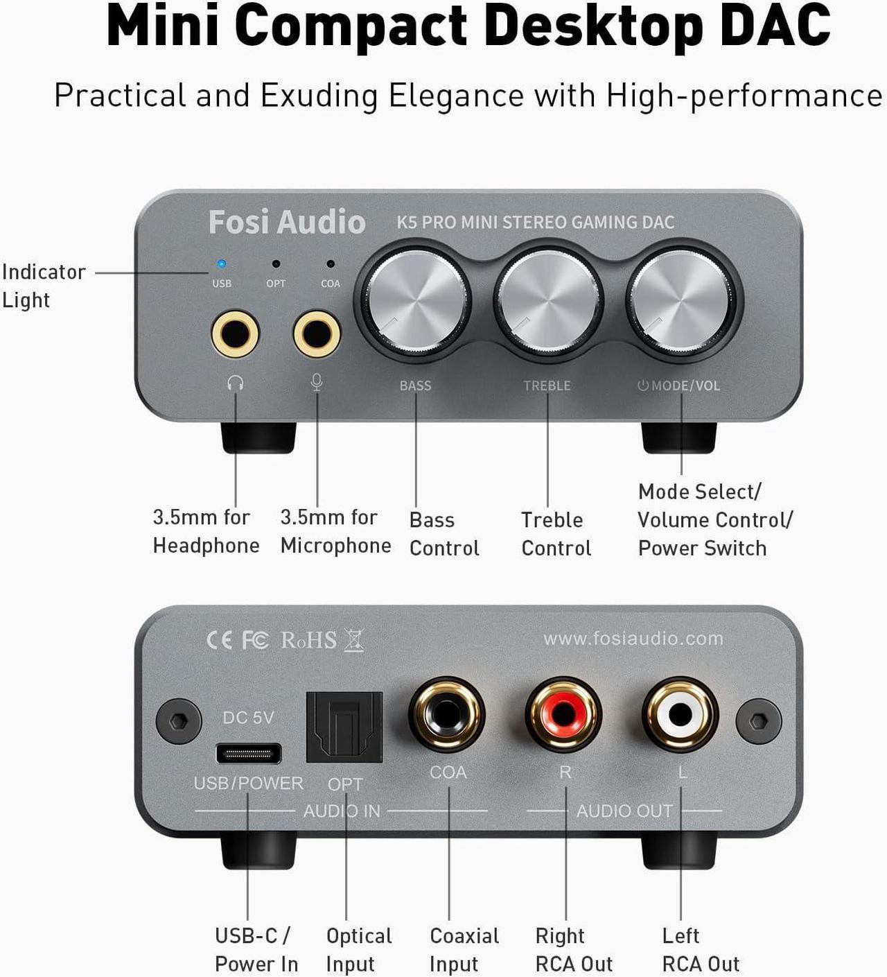 Alt view image 2 of 7 - K5 Pro Gaming DAC Headphone Amplifier Mini Hi-Fi Stereo Digital-to-Analog Audio Converter USB Type C/Optical/Coaxial to RCA/3.5MM AUX for PS5/PC/MAC/Computer