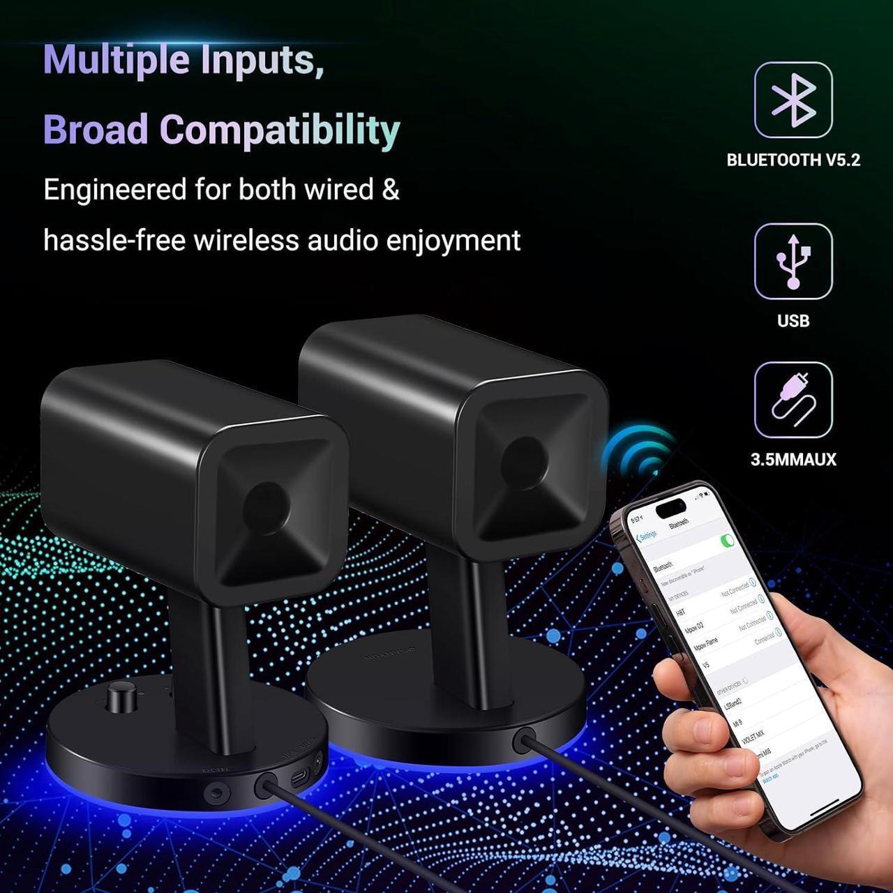 Alt view image 3 of 7 - SW202 2.25 Computer Gaming PC Speakers - 24W Fiberglass Speaker Unit - Built-in 16bit DAC Dynamic 3D Surround Sound - Bluetooth 5.2 USB Aux Inputs - RGB Backlit (Pair, Black)