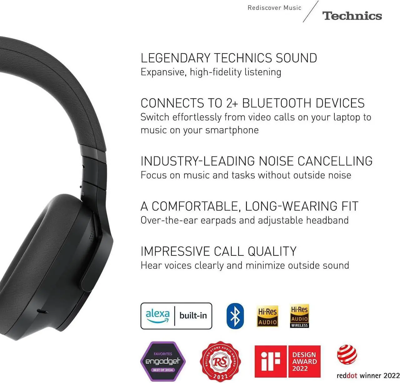 Alt view image 2 of 7 - Technics Wireless Noise Cancelling Headphones, 50 Hours Battery Life, High-Fidelity Bluetooth Headphones with Multi-Point Connectivity, Impressive Call Quality, and Comfort Fit