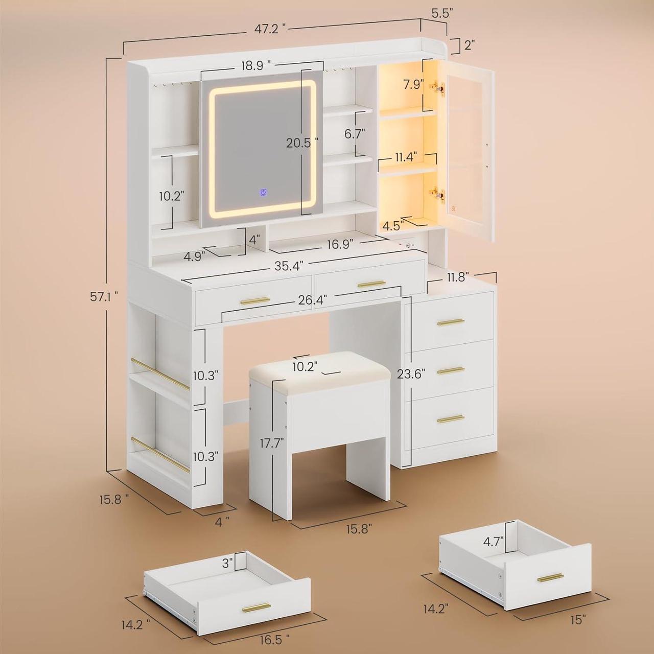 Alt view image 7 of 7 - Makeup Vanity Desk with Sliding LED Lighted Mirror, 47.2"W Large Vanity Desk with Drawers, Shelves and Side Storage, RGB Glass Cabinet, White Vanity Table Set with Charging Station for Bedroom
